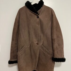 Fritala brown suede shearling coat with black trim, made in Finland